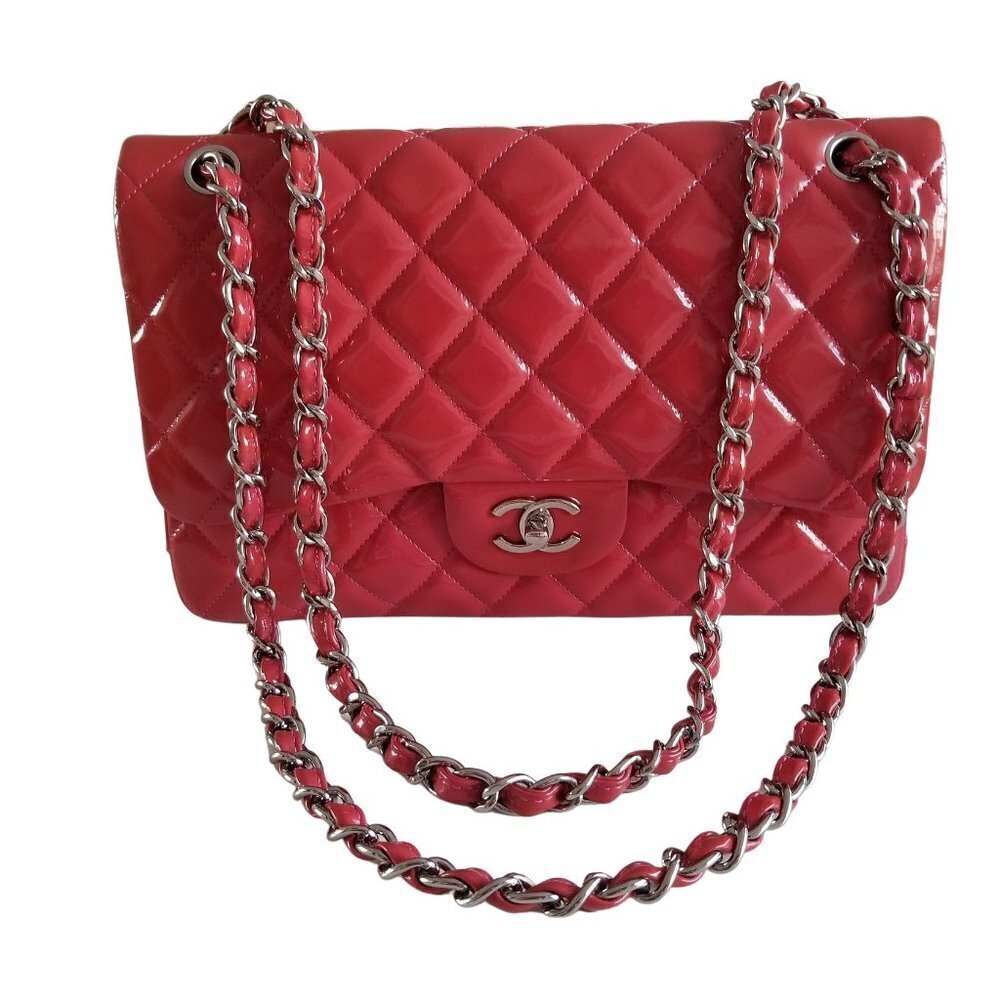 Authentic Chanel Red Patent Leather Jumbo Classic Double Flap Chain Shoulderbag
